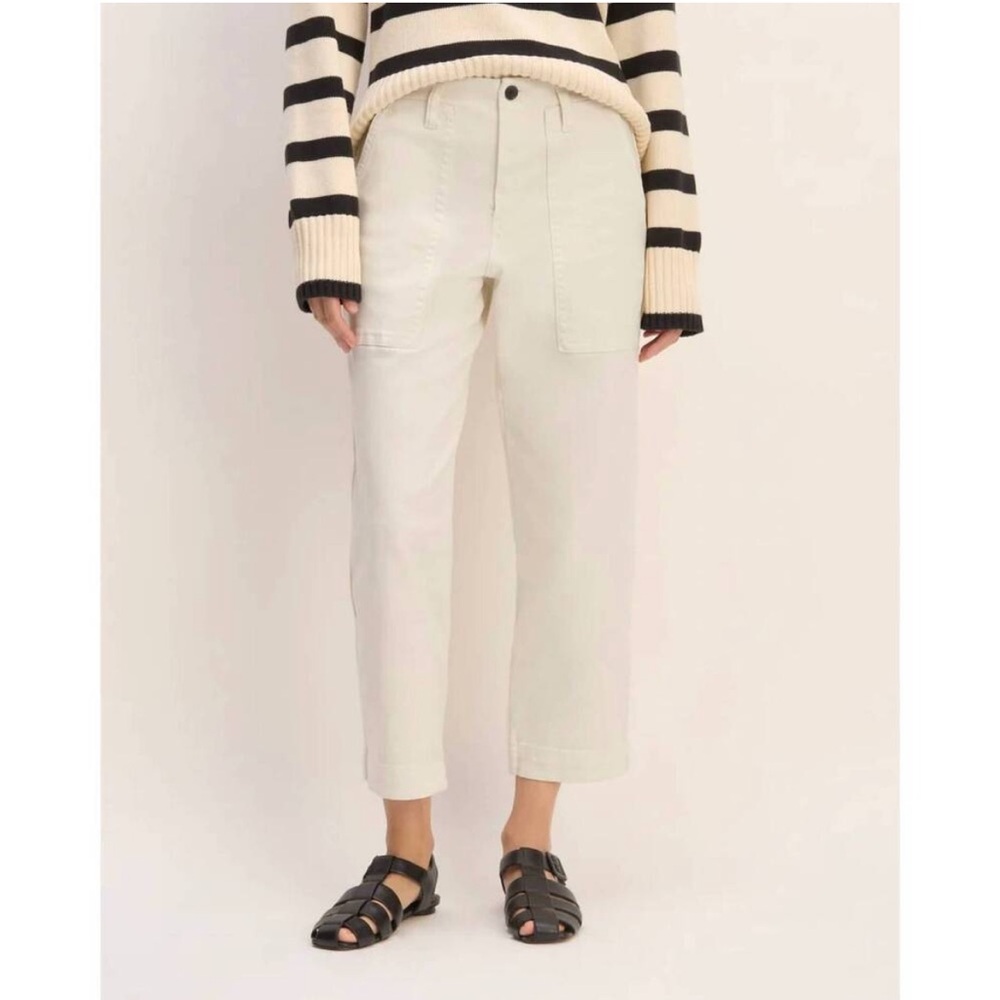 Everlane The Organic Straight Leg Crop Hi-Rise Pant Herringbone Bone White Sz 0